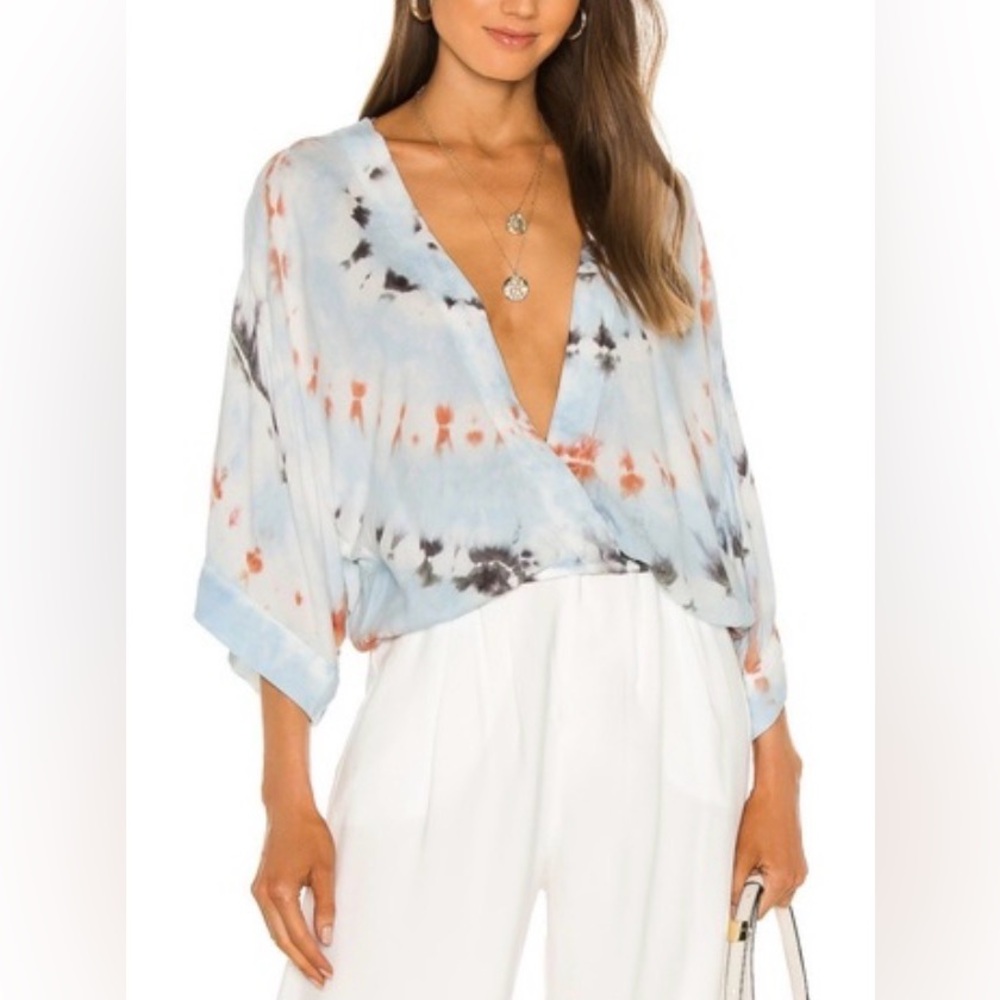 Young Fabulous & Broke Tia Top Blouse. Faux wrap. Light blue, lilac, grey. S-M - Picture 2 of 11